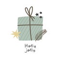 Holu joly. Cartoon present, hand drawing lettering, dÃ©cor elements. holiday theme. Colorful vector illustration, flat style.