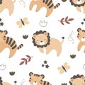 Seamless pattern with cute tiger, lion, decor elements. simple flat vector. Hand drawing for children.