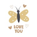 Love you. Vector illustration with cartoon bytterfly, hand drawing lettering, decor elements. romance. Royalty Free Stock Photo