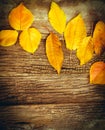 Yeallow leaves on rustic wooden background - autumn decoration