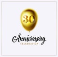 30-year anniversary card. Gold balloon and anniversary text isolated on white. 30th birthday celebrating. Logo, banner, Royalty Free Stock Photo