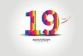 19 Year Anniversary Celebration Logo colorful vector, 19 Number Design, 19th Birthday Logo, Logotype Number, Vector Anniversary
