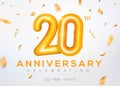 20 year anniversary gold number celebrate jubilee vector logo background. 20th anniversary event golden birthday design.