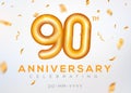 90 year anniversary gold number celebrate jubilee vector logo background. 90th anniversary event golden birthday design.