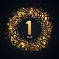 1 year anniversary isolated vector design element. One first birthday logo with blurred light effect on dark background Royalty Free Stock Photo