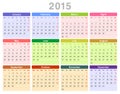 2015 year annual calendar (Monday first, English)