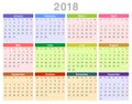 2018 year annual calendar Monday first, English