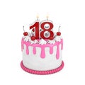 18 Year Birthday Concept. Abstract Birthday Cartoon Dessert Cherry Cake with Eighteen Year Anniversary Candle. 3d Rendering