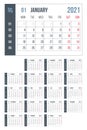 2021 year blue calendar. Month countdown page set. Day, week. Date and schedule. Printable version template simple