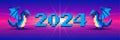 2024 is a year of the Blue Dragon in Chinese lunar calendar. New Year symbol in pixel graphics, retro synthwave style.