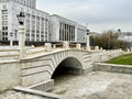 Moscow, Russia, March, 21, 2024. 1905 year Bridge (Gorbaty Bridge) and the Government House of the Russian Federation