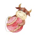 Year of the bull calendar. December. A bull with a Christmas tree toy - a ball. Made in watercolor