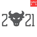 Year of the bull 2021 glyph icon, merry christmas and new year, year of the ox sign vector graphics, editable stroke Royalty Free Stock Photo