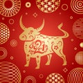 The year of the bull 2021. Vector ox character of the Eastern calendar. Oriental concept of Chinese happy new year 2021. Red, gold