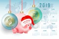 2019 year business calendar with eastern chinese symbol pig and world currencies in bubbles on red ribbons on world map background