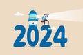 Year 2024 business forecast, prediction or searching new opportunity, success decision or analyze economic and investment concept