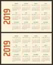 Calendar for 2019 starts sunday and monday, vector calendar design 2019 year