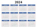 2024 year calendar. English, horizontal. Printable vector illustration