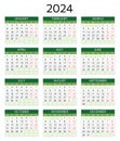 2024 year calendar. English, horizontal. Printable vector illustration