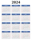 2024 year calendar. English, vertical. Printable vector illustration