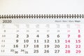 Year 2020, calendar March month, planner, schedule, dates of working days and weekends Royalty Free Stock Photo
