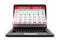 2024 year calendar. March calendar over laptop screen on a white background.