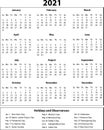 2021 Year Calendar Black and White with Holidays