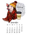 Year calendar with pig. Monthly illustrations. Hand drawn piglet wearsplaid blanket, hat and cup of tea.November, autumn