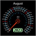 Year 2023 calendar speedometer car in vector. August