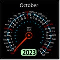 Year 2023 calendar speedometer car in vector. October