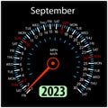 Year 2023 calendar speedometer car in vector. September