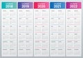 Year 2018 2019 2020 2021 2022 calendar vector