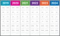 Year 2019 2020 2021 2022 2023 2024 calendar vector design template