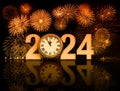 2024 year celebration with bright fireworks and clockface