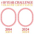 10 Year Challenge frames. Vector before and after comparison. Red ornate borders. Time progression concept.