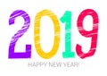 2019 year colorful symbol. Happy new year. Banner, card. Purple, yellow, green and red. Greeting card, poster. Chalk or pencil ha