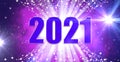 The year 202 in deep blue, illuminated from behind by with rays of star speckled light on a background of black to purple