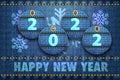 2022 year digits and Happy New Year greetings on blue jeans background Royalty Free Stock Photo