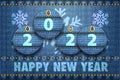 2022 year digits and Happy New Year greetings on blue jeans background Royalty Free Stock Photo