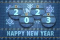 2023 year digits and Happy New Year greetings on blue jeans Royalty Free Stock Photo