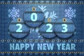 2023 year digits and HNY greeting card on jeans texture 2-4