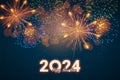 Year 2024 displayed with fireworks. 2024 Happy New Year, year of the Dragon. Design template Celebration typography poster, banner Royalty Free Stock Photo