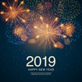 The year 2019 displayed with fireworks and strobes. New year and holidays concept.