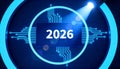 The Year 2026 Displayed on a Futuristic Microchip Circuit Board Royalty Free Stock Photo