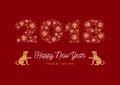 Year of The Dog, Chinese Zodiac Dog, Number 2018 made of snowflakes, Golden Dogs on a red background. Vector Royalty Free Stock Photo