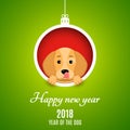 2018 year of the dog. Paper clippings. Advertising banner. Christmas ball of paper. Cartoon dog peeks out of the hole. White text.