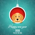 2018 year of the dog. Paper clippings. Advertising banner. Christmas ball of paper. A cartoon dog peeks out of the hole. White tex