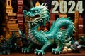 Year of the dragon, Chinese style New Year card. The fabulous green wooden dragon. A cute cartoon green dragon.