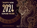 The Year of Dragon Holiday Poster or Postcard. Golden lines om Black. Horizontal orientation