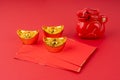 Year of the Dragon with red envelope and gold ingot